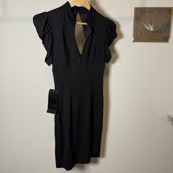 bebe Dresses & Skirts - Women's Bebe Black Ruffle Sleeve Keyhole Back Sheath Dress Size XS NEW